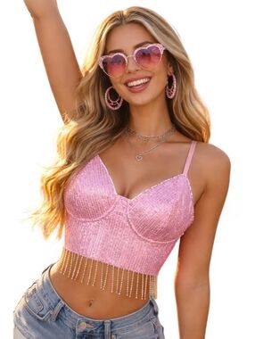 Pink Sparkly Sequin Corset Top with Crystal Tassel Fringe - Glam Festival